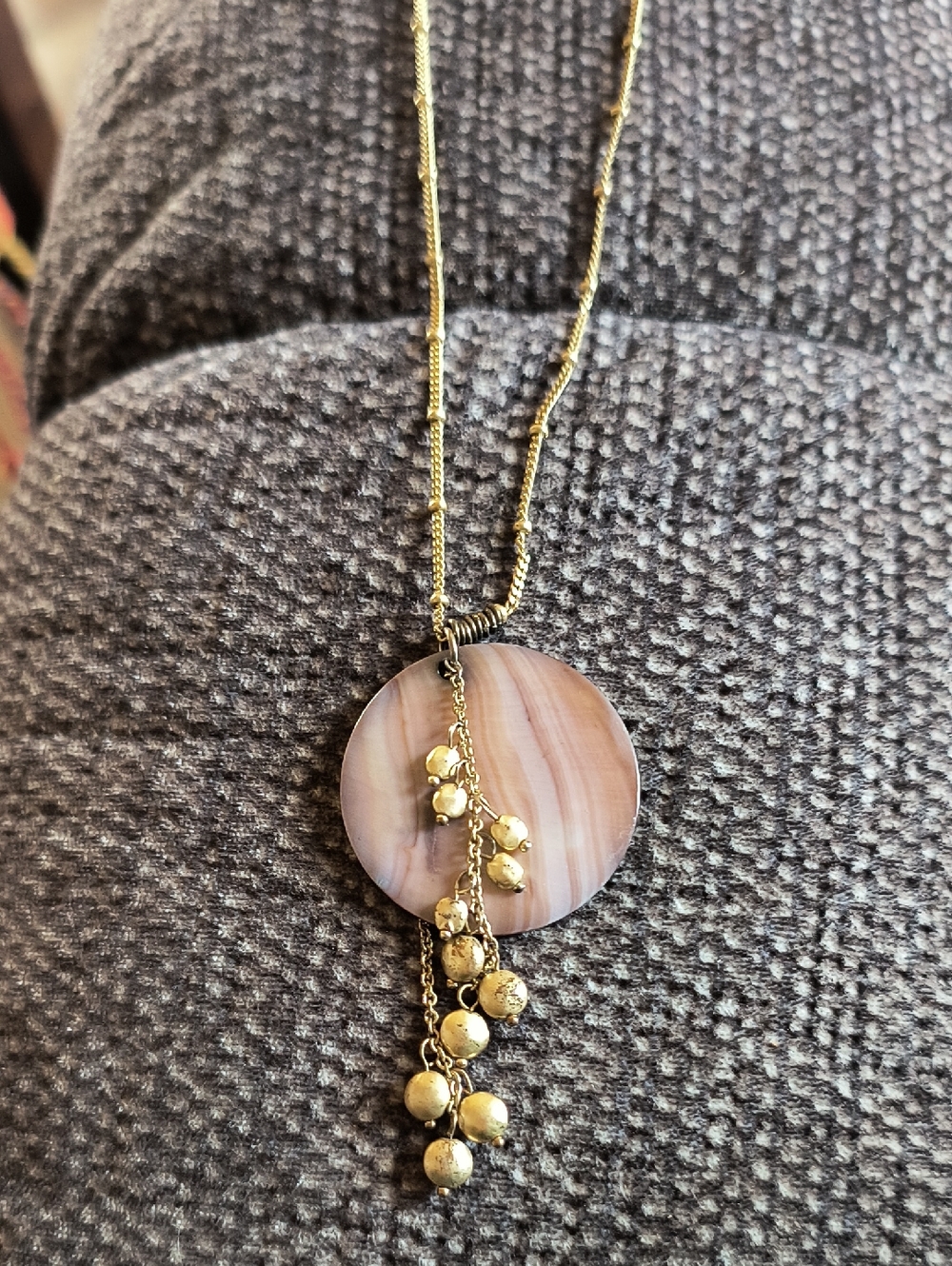 Gold and Pink Agate Disc Pendant Necklace - Women's Jewelry